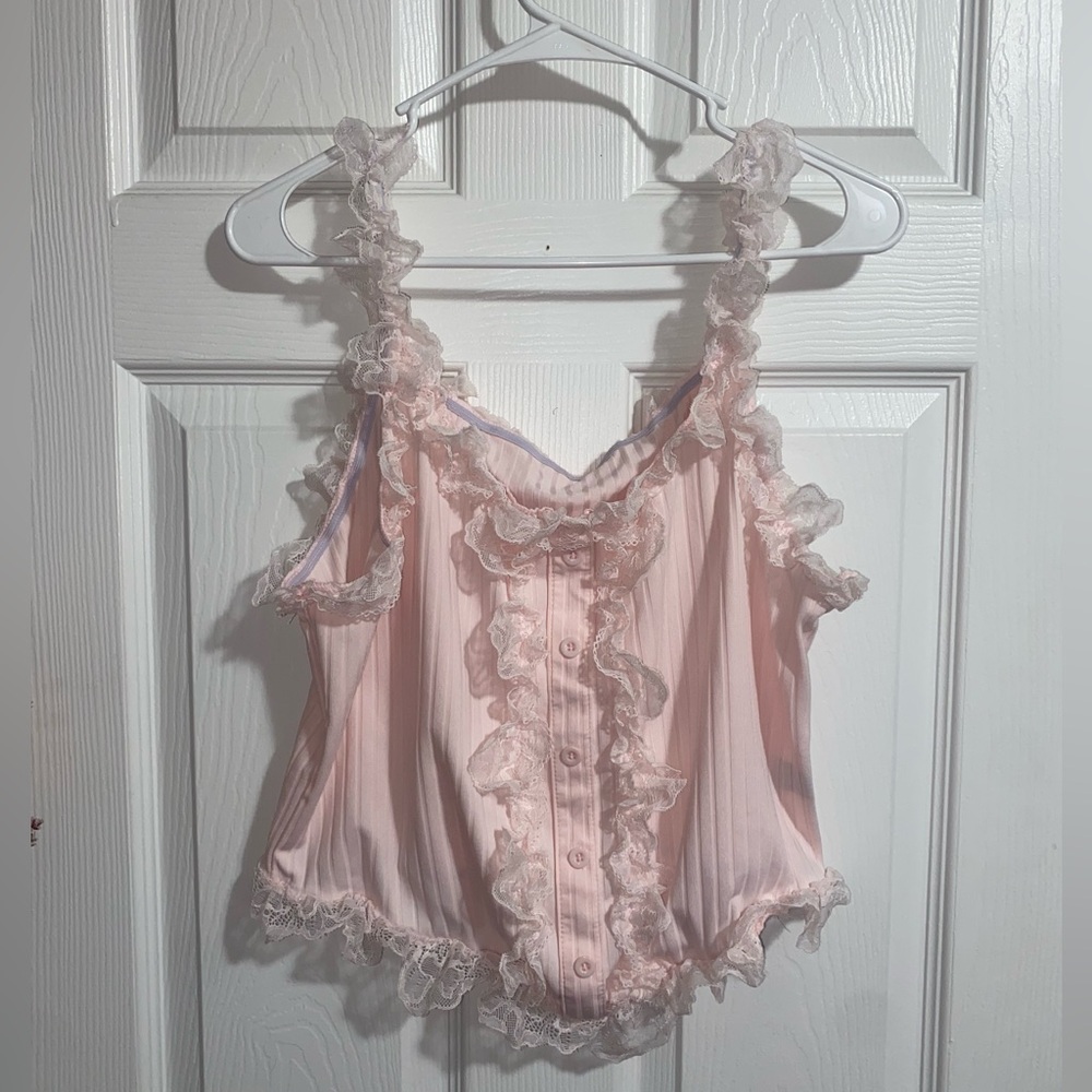 Pink Lace Ruffled Tank Top